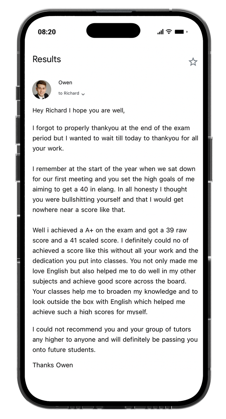 Message from Owen sharing his A+ exam result and 41 scaled English Language study score